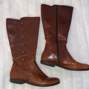 BORN Sage Riding Boots Brown soft Leather Button, side Zipper 14” high size 6.5